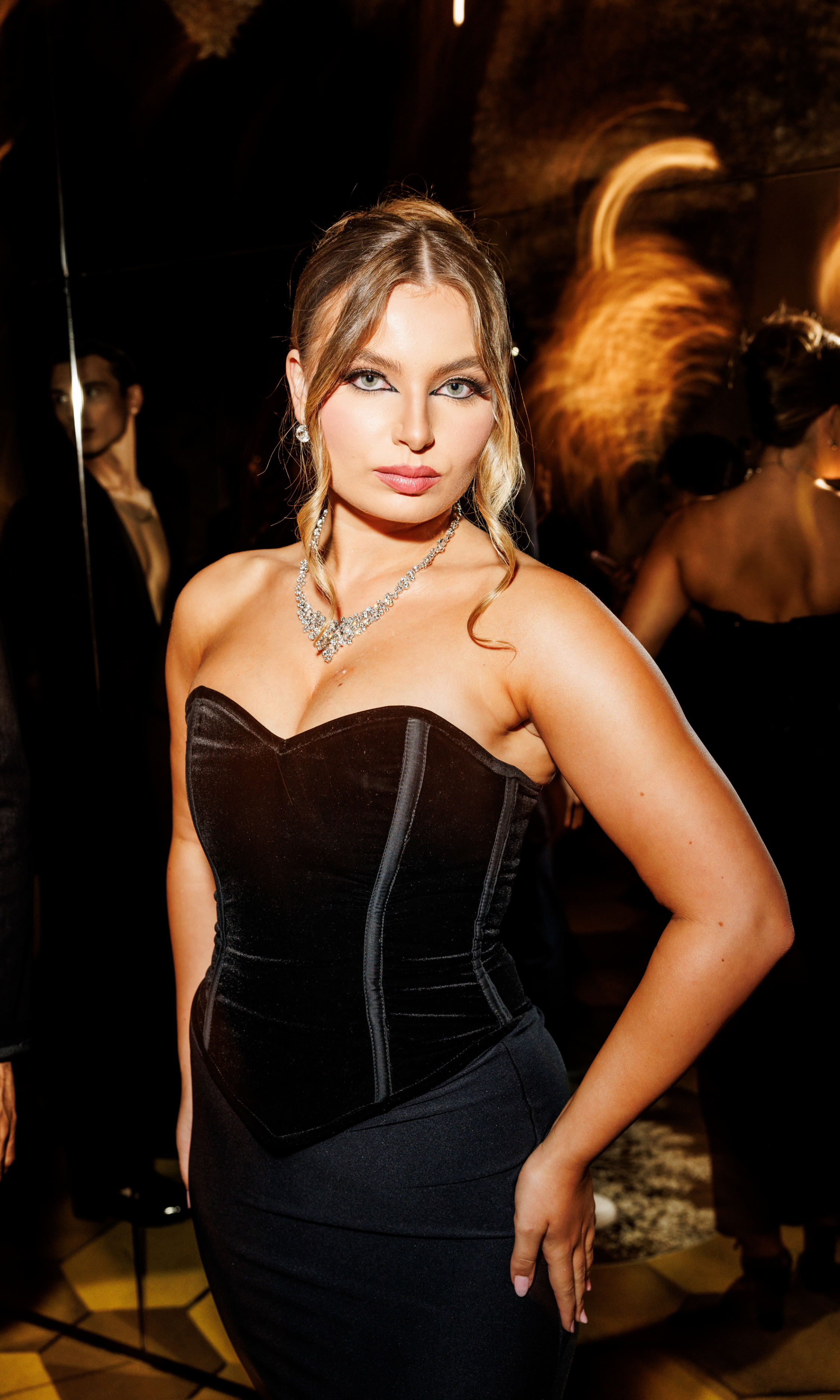 Joseph Tassoni Velvet Corset Top paired with the Black Silk Mesh Full-Length Skirt