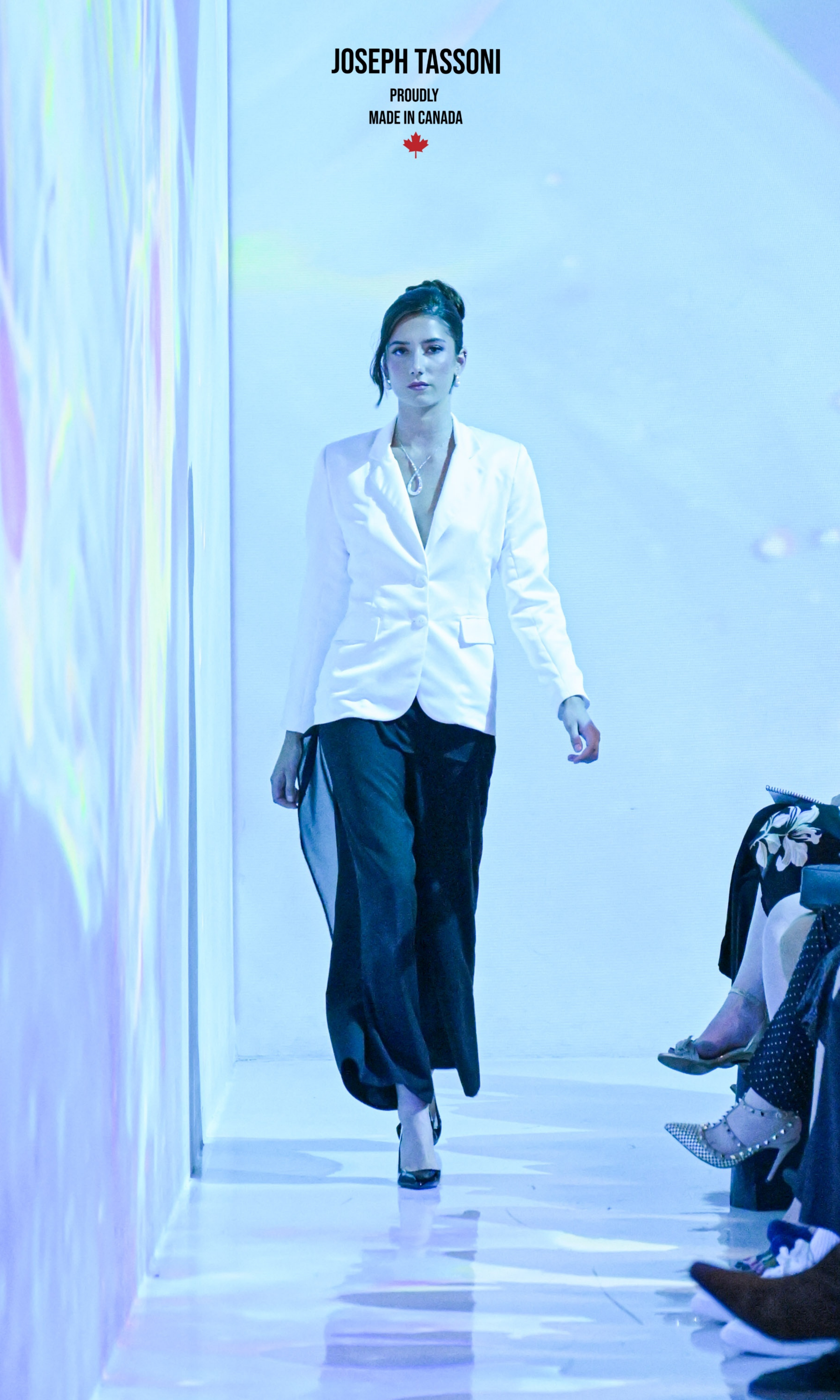 The Joseph Tassoni Ladies Silk Sateen Blazer paired with Flowing Chiffon-Suiting Pants