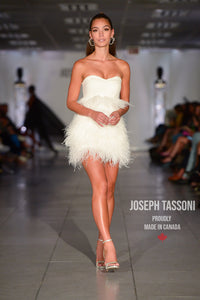 Joseph Tassoni Bridal White Payette Strapless Cocktail Dress with Full Ostrich Feathers