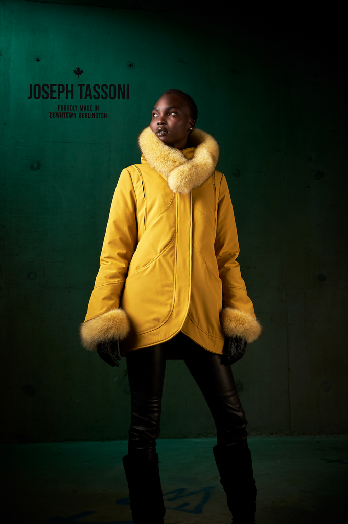 Women's Fingertip Tulip Parka with Upcycled Fur Trim + Cuffs Dyed to Match